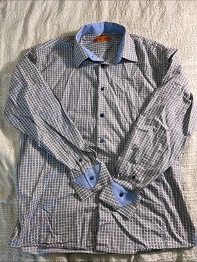 Men's Gray and Blue Grid Dress Shirt with Contrast Collar size XL